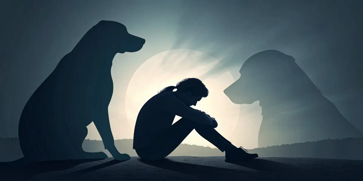夢占いで犬の夢と潜在意識・ストレスの関係を解説。犬と人のシルエットが重なり、無意識に蓄積された不安や対人関係のストレスが夢に反映されている様子を象徴する。