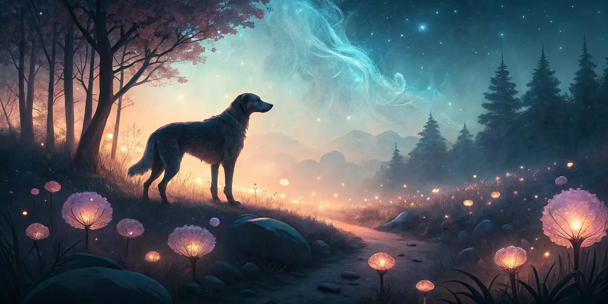 夜の幻想的な風景の中で、一匹の犬が静かにたたずんでいる。夢の世界を象徴するミステリアスな雰囲気。