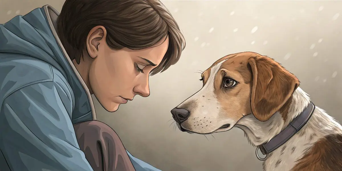夢占いで犬が病気になる・怪我をする夢の意味を解説。弱った犬を心配そうに見つめる人の姿が、大切な人の異変や注意喚起を象徴する。