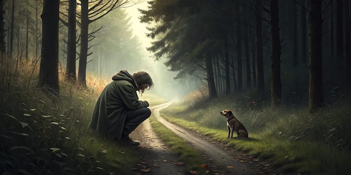 広い道や森の中で必死に犬を探す人の姿が、愛情不足や孤独感を象徴する。