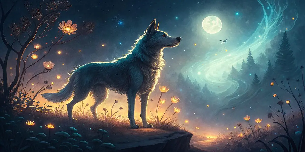 夜の幻想的な風景の中に、神秘的な光を浴びた犬が立っている。犬の背後には、吉夢と凶夢を象徴するように光と影が交錯し、夢の世界を表現。空にはふわりと漂う夢のシンボルが描かれ、犬の行動が無意識のメッセージを示唆するイメージ。