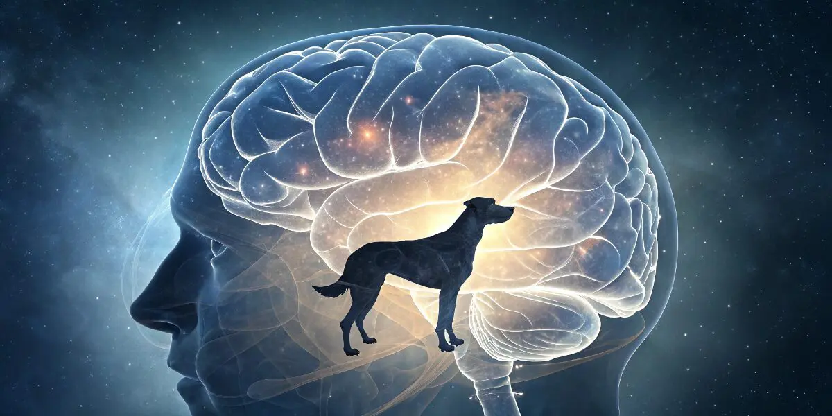 犬の夢をよく見る人の心理的特徴を夢占いと心理学の視点で解説。人の脳内に犬のシルエットが浮かぶイメージ。