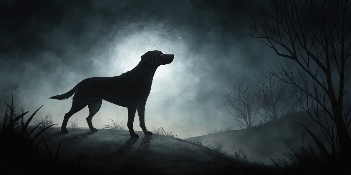 夢占いで黒い犬の夢の意味を解説。暗闇の中に浮かび上がる黒い犬のシルエットが、不安や恐れ、抑圧された影の感情を象徴する。