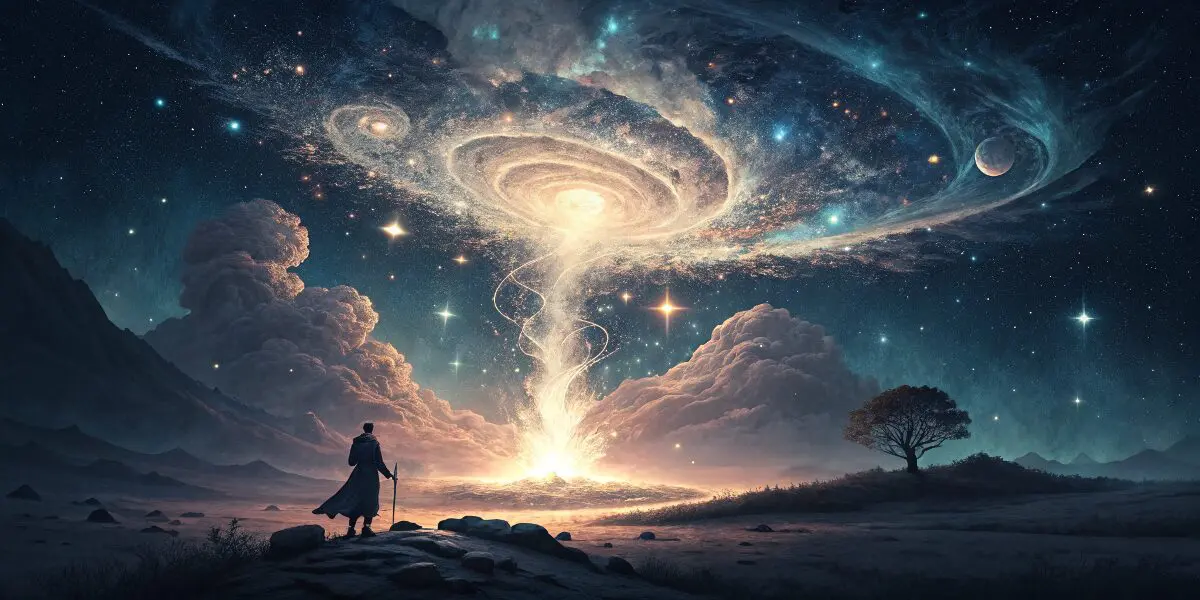 夜空の下、幻想的な光を放ちながら爆発が起こる神秘的な風景。爆風の中に「夢占い」「心理学」「科学」の象徴が浮かび、夢の世界と現実の心理が交錯するデザイン。吉夢か凶夢かを探るミステリアスな雰囲気。