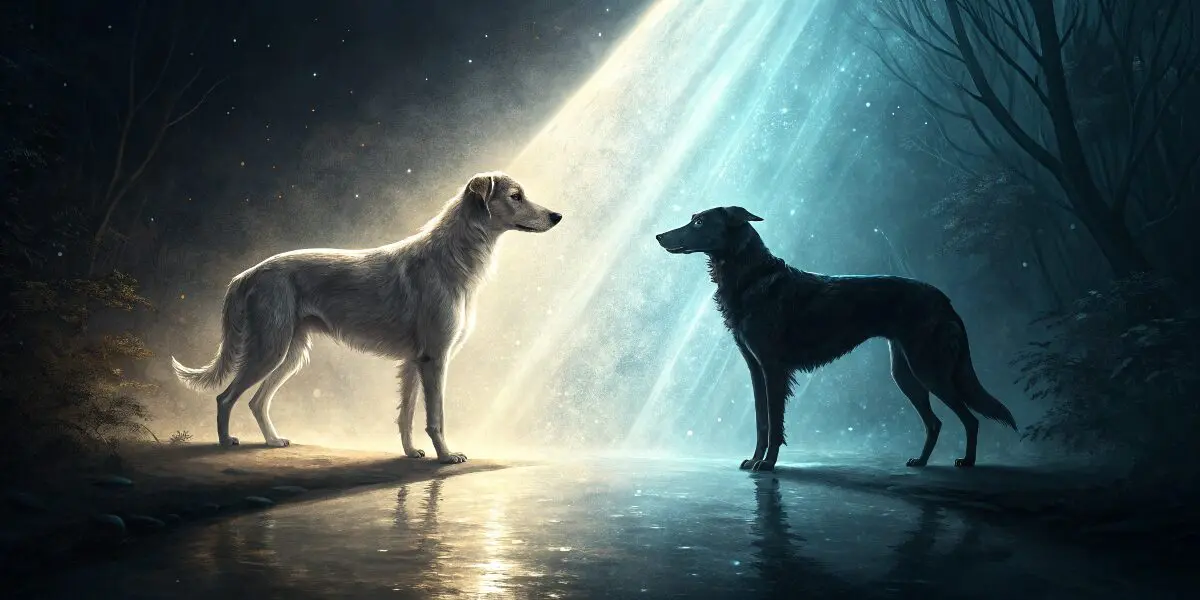 光と影が交差する幻想的な空間に立つ犬。左側は光に包まれ、右側は暗闇に沈む。犬の夢が持つ吉夢と凶夢の両面性を象徴。