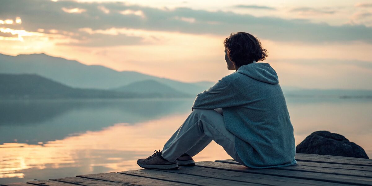 恐怖の夢を通じて、これまで避けてきた感情や心の問題とやさしく向き合い始める様子を表現した癒し系のイラスト。
