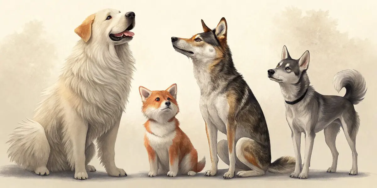 大型犬、小型犬、野良犬、柴犬、狼のような犬が並び、それぞれが夢の中で異なるメッセージを持っている。