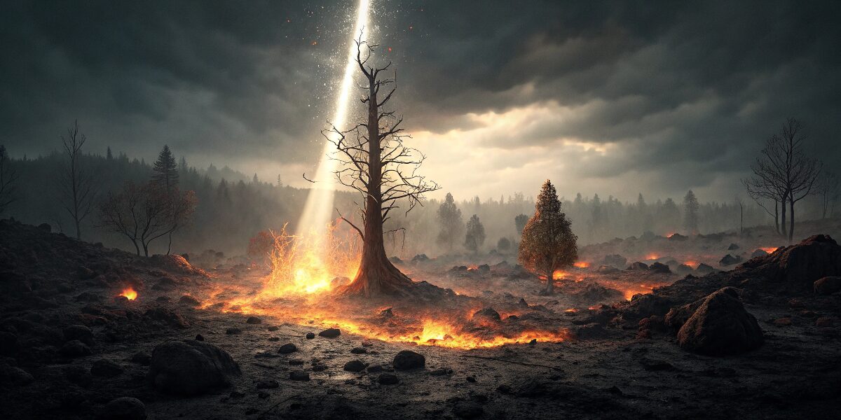 燃え尽きた灰の中から光が差し込む風景。火事の夢を見た後に、新しいスタートや成長の可能性があることを示唆。