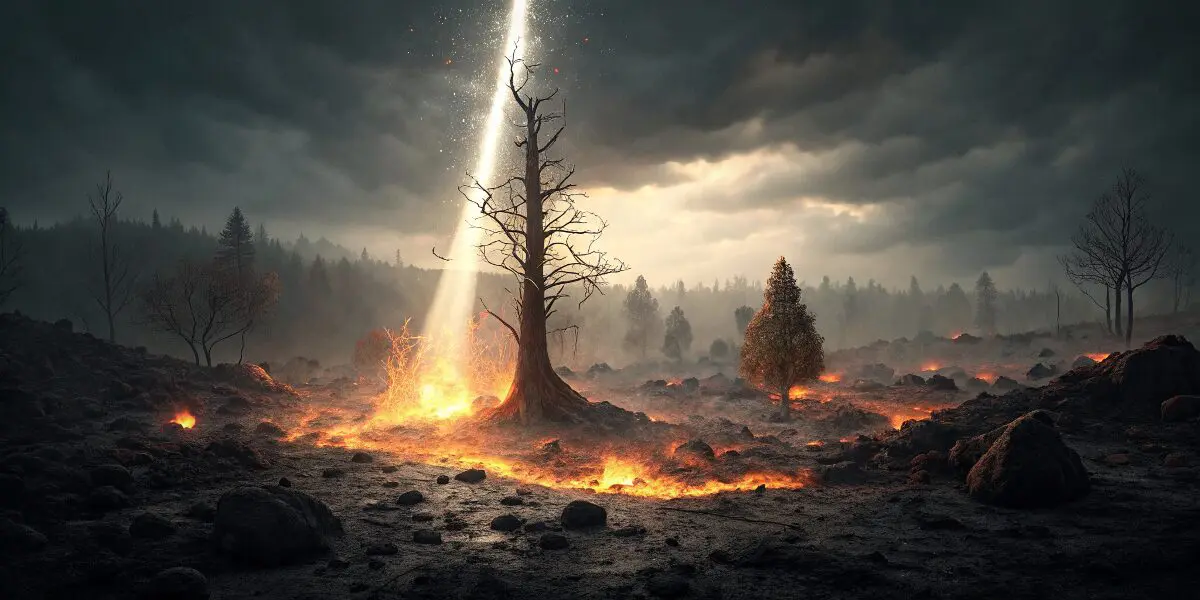 燃え尽きた灰の中から光が差し込む風景。火事の夢を見た後に、新しいスタートや成長の可能性があることを示唆。