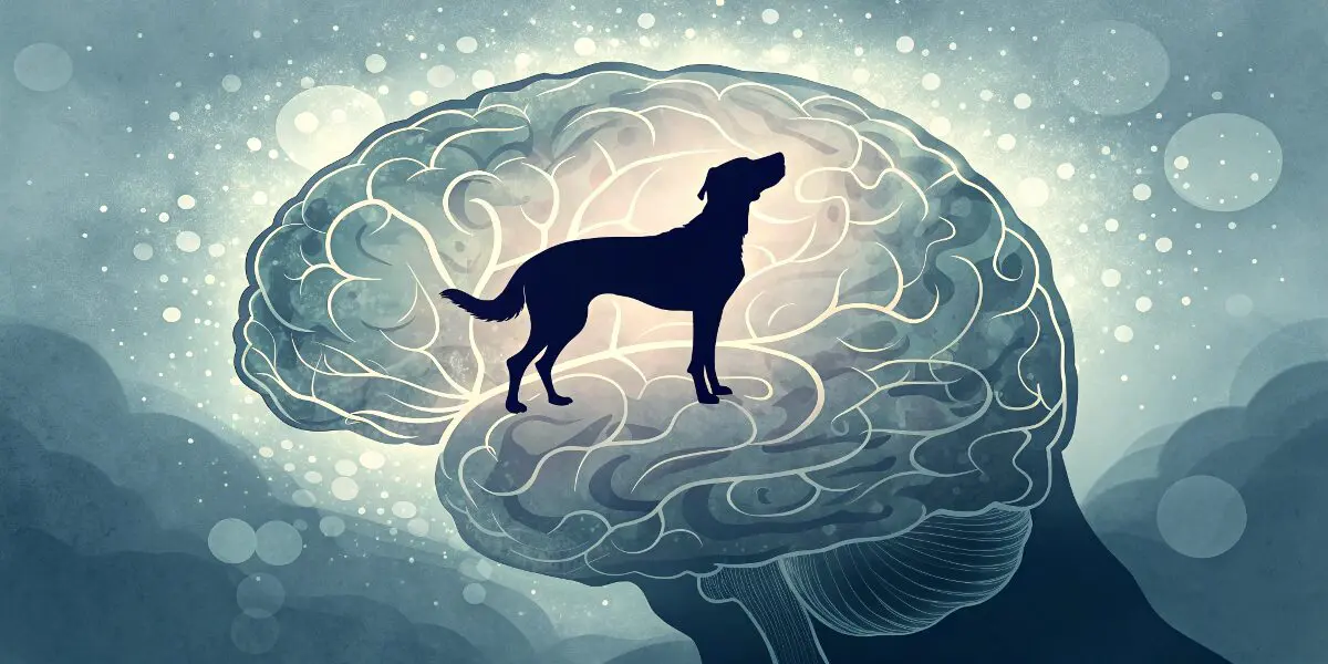 夢占いで犬の夢を見る心理的背景を解説。脳の中に犬のシルエットが浮かび上がり、無意識のメッセージや深層心理が反映されている様子を象徴する。