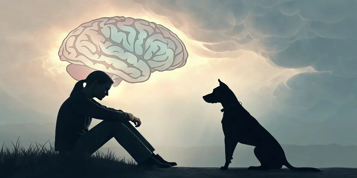 心理学的な視点で夢を分析する様子。背景には犬のシルエットと人の脳がリンクするイメージ。