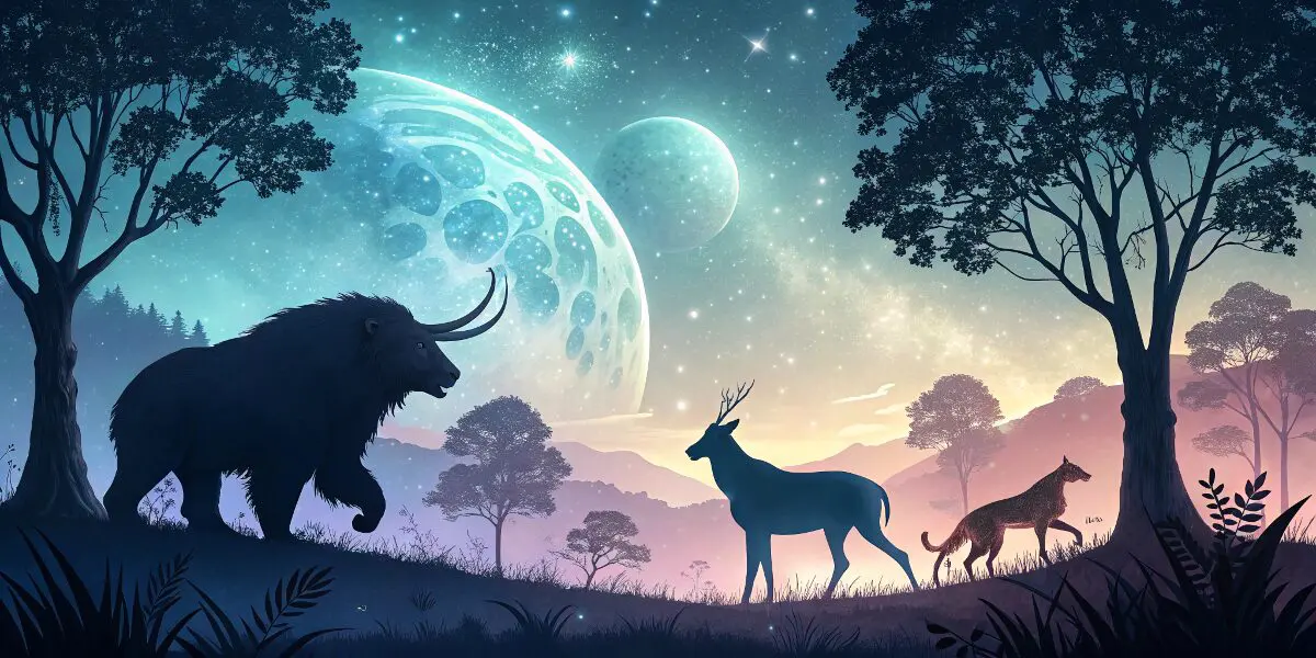 異なる生き物のシルエットが並ぶ幻想的な背景。対照的な存在が共存することで、夢が示すメッセージや心理的な象徴を強調。