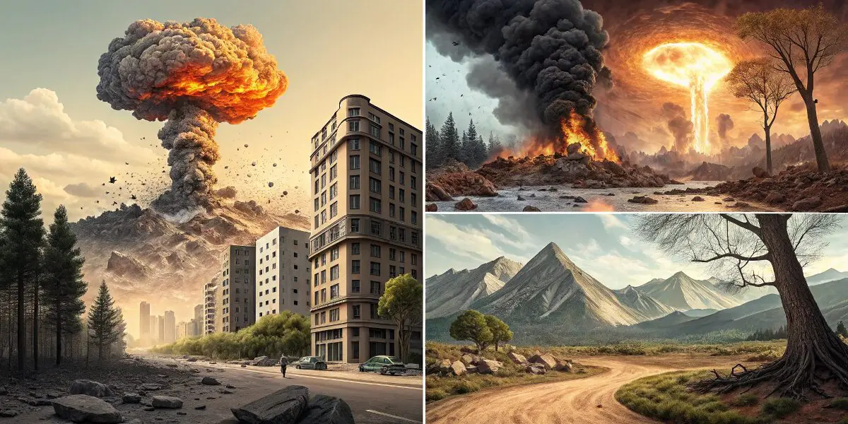 異なるシチュエーションで爆発が起こる場面が並ぶコラージュ。都市、自然、建物など、さまざまな場所での爆発が描かれている。