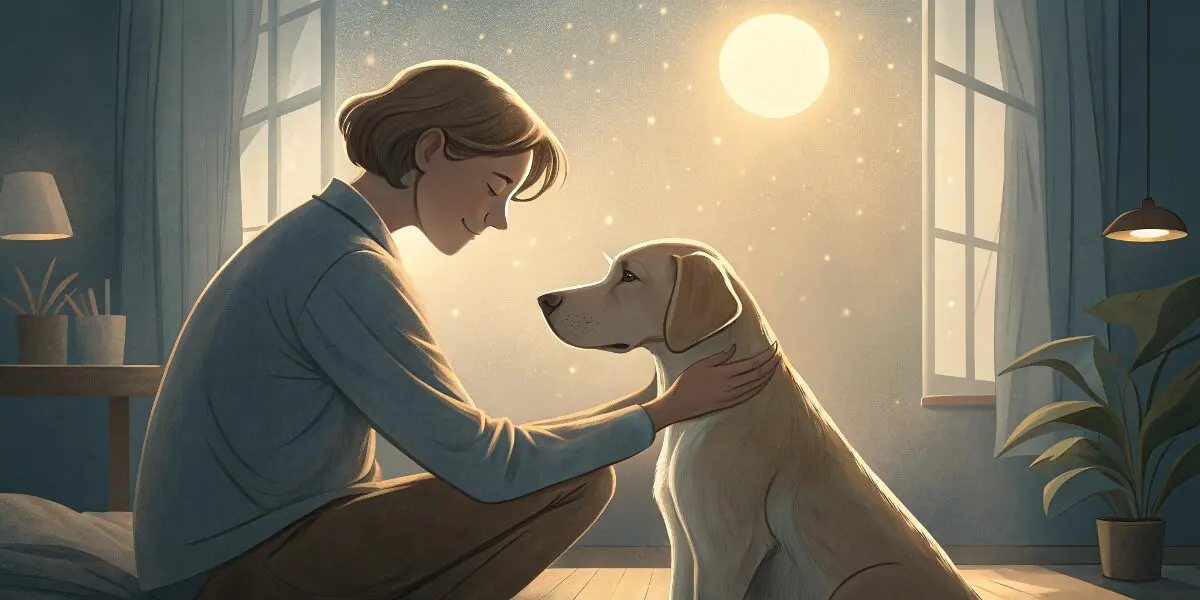 夢占いで犬をなでる夢の意味を解説。静かな部屋で犬を優しくなでる人が、癒しを求めている心理状態を表す。