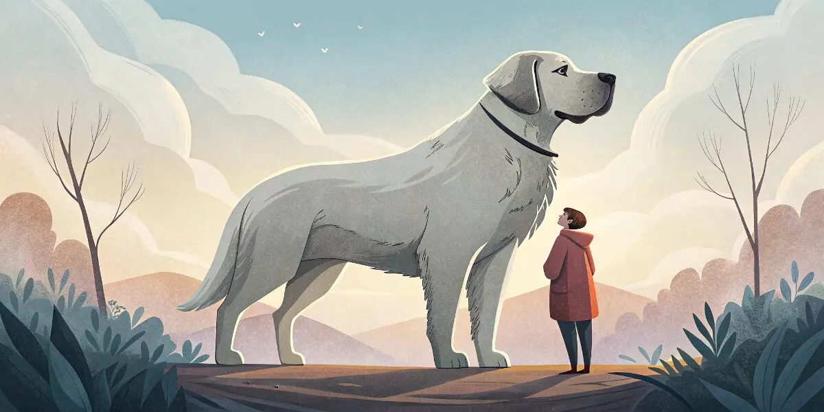 夢占いで大型犬の夢の意味を解説。堂々とした大型犬が人のそばに寄り添い、権威や頼れる存在、信頼関係の象徴として描かれる。