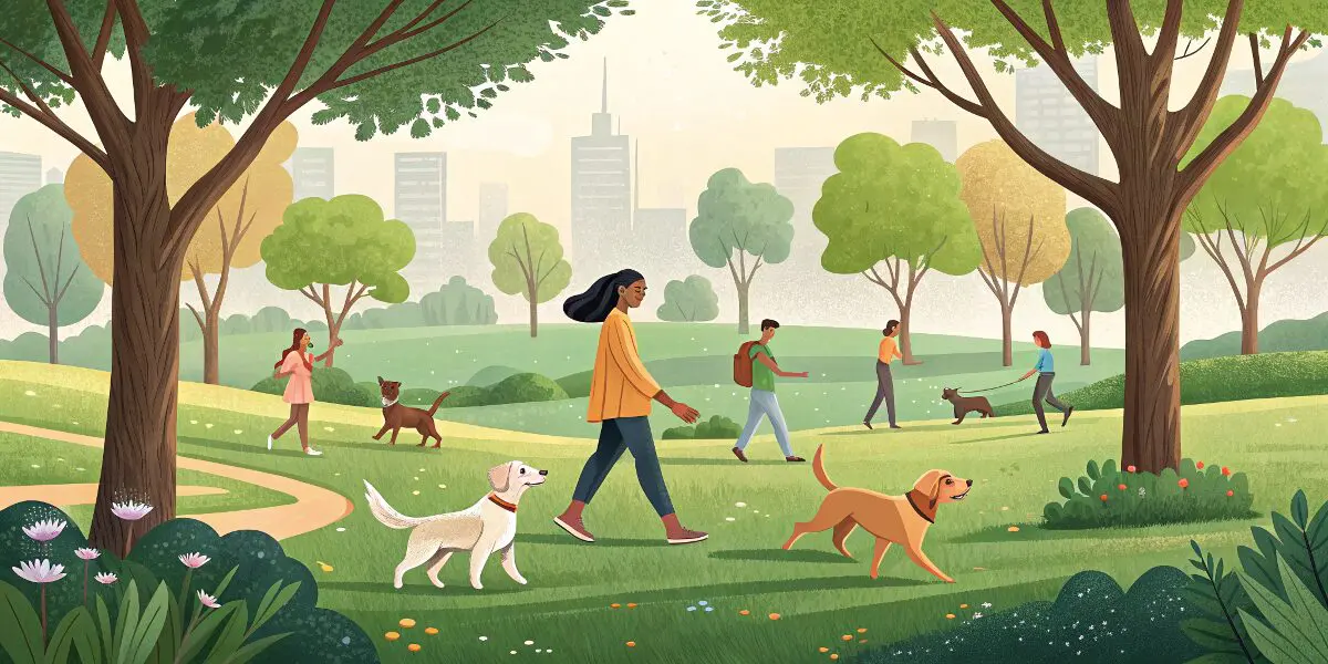 夢占いで犬がなつく夢の意味を解説。公園で犬と楽しそうに遊ぶ人々が、人間関係の調和を象徴。