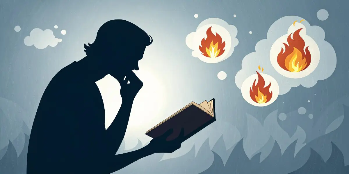 本を開きながら考え込む人物のシルエット。周囲には火や炎のアイコンが浮かび、火事の夢に関する疑問を表現。
