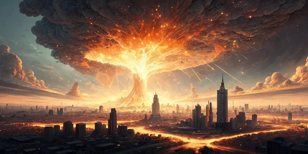 広大な都市の上空で巨大な爆発が起こり、火の粉が舞い散る幻想的な風景。夢の中の爆発を象徴する迫力のあるビジュアル。